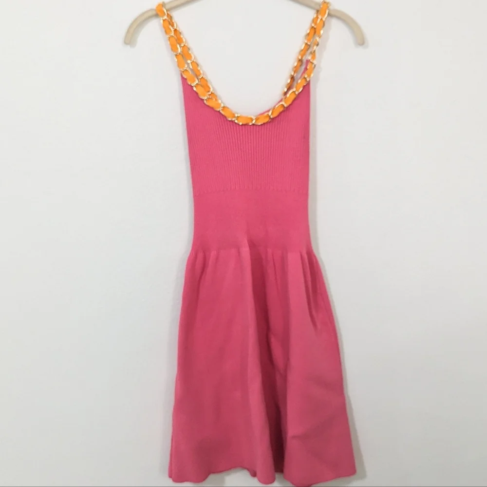 Zara Ribbed Knit Skater Dress Contrast Gold Chain Cross Back Mini Pink Medium M